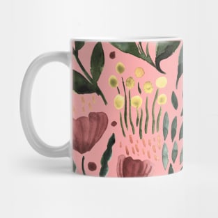 Watercolor flower garden - dusty pink and olive on pink background Mug